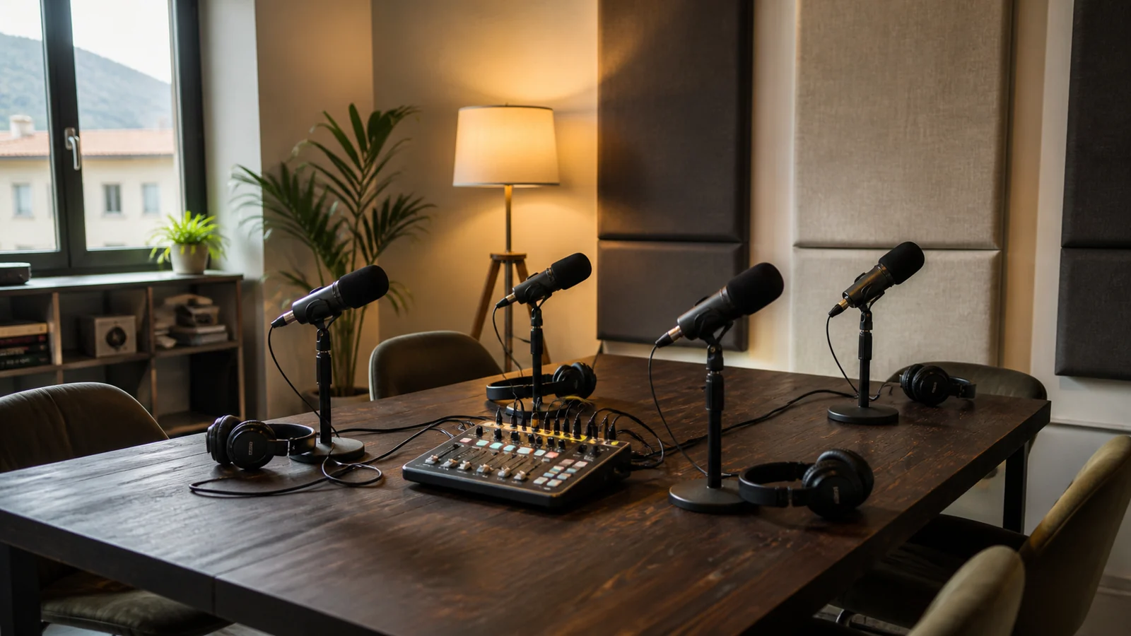 Studio podcast attrezzato con quattro microfoni e console audio