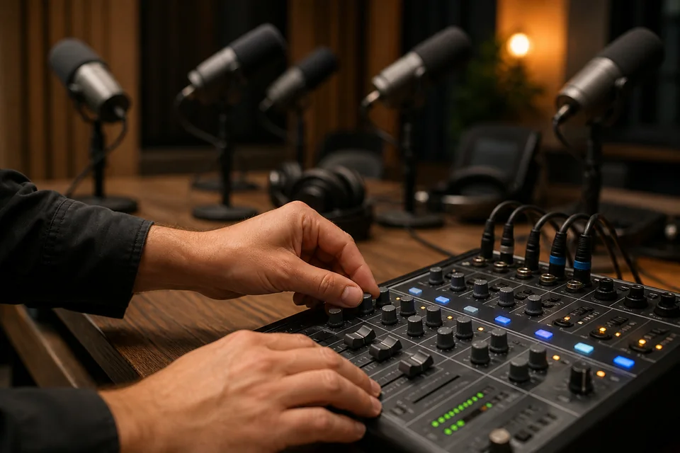 Tecnico audio al lavoro sulla console durante una registrazione podcast