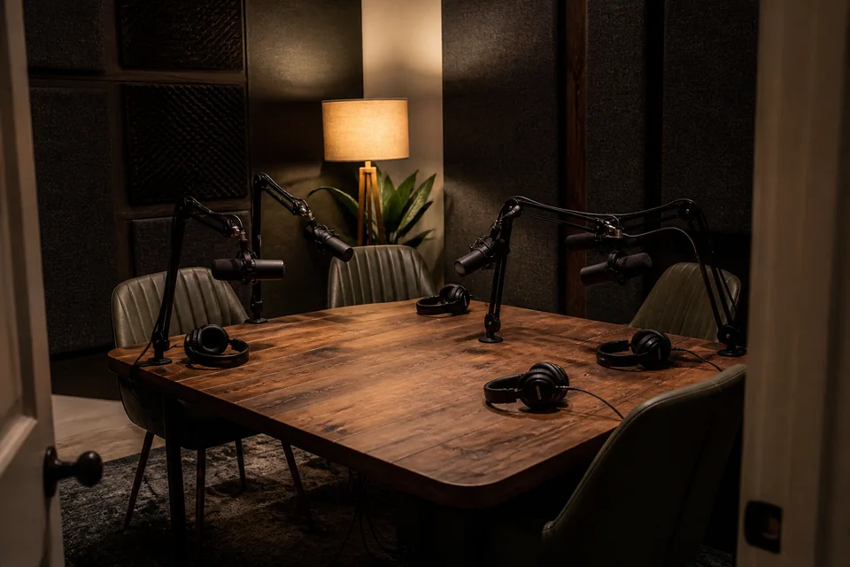 Studio podcast con quattro postazioni microfono